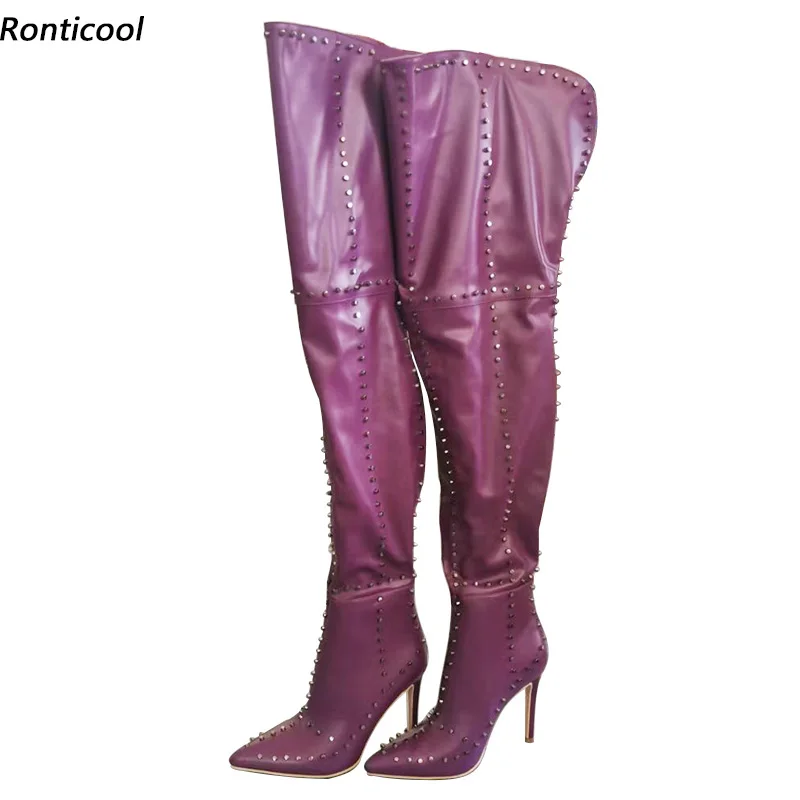 Ronticool/Дамски зимни ботуши до бедрото, изработени ръчно, с нитове, с цип отзад, на висок ток, с остри пръсти, лилави обувки за нощен клуб, размерът на САЩ 5-15