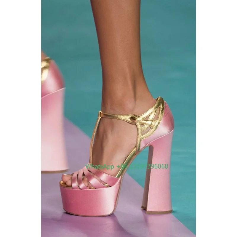 Rose атласное злато силует сандали на платформа буци квадратен ток на подиума модели, плюс размерът на t-образно каишка, капак на ток обтегач Дамски сандали 43