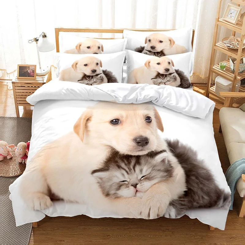 Sanfte Katze und Hund Bettbezug-set 3d Digitaldruck Bett Leinen Mode Design Tröster Abdeckung Bettwäsche-sets Bett Set