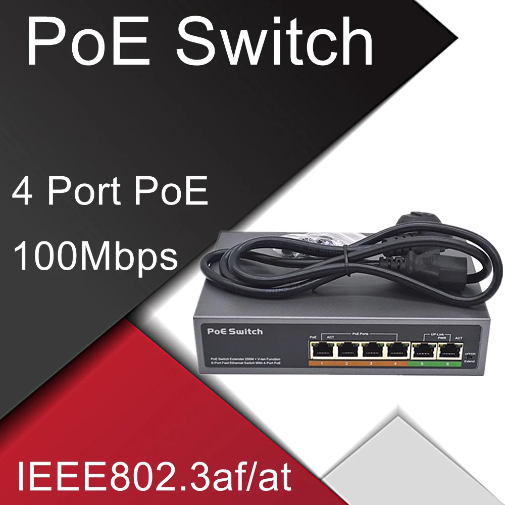 Switch POE 48 от 100 Mbps 4 порта, IEEE 802.3 af/at Ethernet комутатор Подходящ за IP камери/безжична точка за достъп/POE-камера