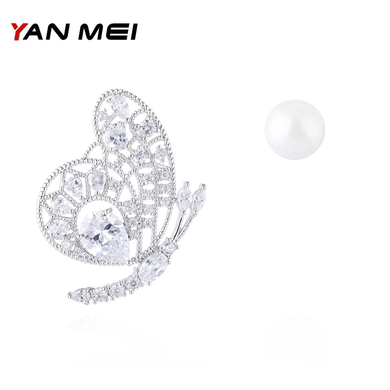 YANMEI CZ Обеци-карамфил, с Отворени криле под формата на Пеперуда За Жени, Имитация на Перли, Асиметрични Обеци С Кристали, Модни Бижута YME7790