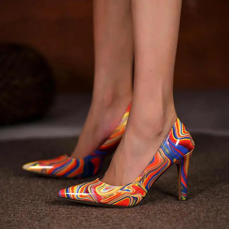 Zapatos de tacón alto de satén para mujer, tacones de aguja против estampado abstracto, puntiagudos clásicos, sexys