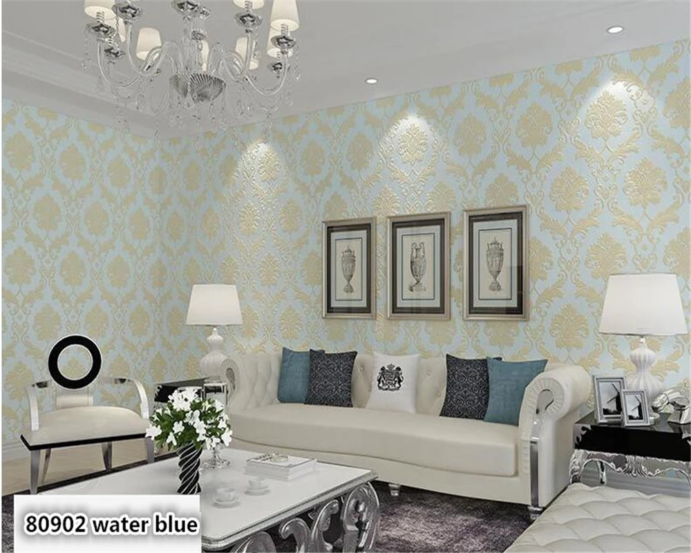beibehang Луксозни европейски 4D прецизна нетъкан тапет спалня, всекидневна салон за красота синьо бели модни прости тапети