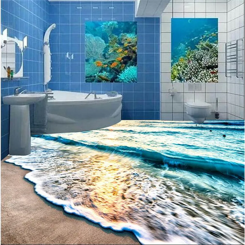 beibehang Модерна 3D подови живопис стенни плажната синята морска вода пулсации нескользящий водоустойчив сгъсти самоклеящийся PVC под