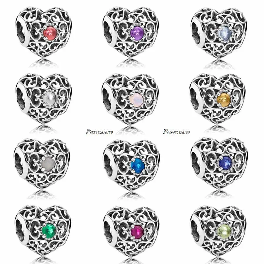 Автентични 925 Сребро Деликатен Месец Подпис Сърцето на Камък Чар Мъниста Подходящи за Пандора Гривна и Колие Бижута