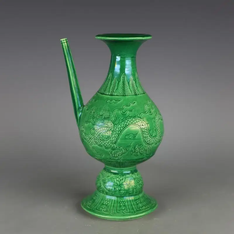 Античен порцеланов чайник MingDynasty (ХУНЧЖИ), зелена глазура, дракон, Ръчно рисувани, Събиране и украса, Безплатна доставка