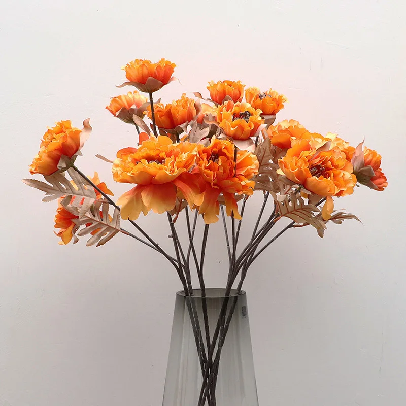 Висококачествена клонка пионовой рози с листа, копринени, изкуствени цветя за дома сватбена декорация, Коледна есенни декорации, флорес