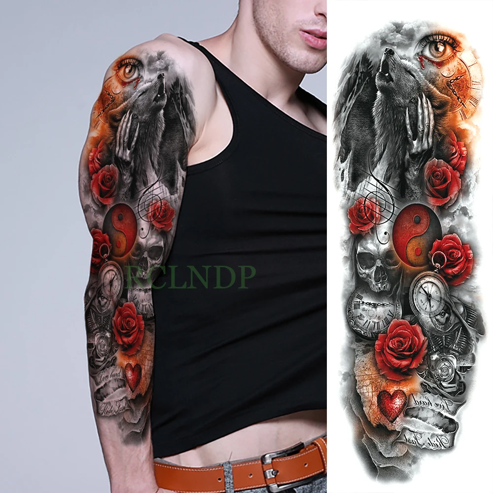 Водоустойчив Временна Татуировка Стикер Виещи вълци Роза Череп пълна ръка голям размер фалшива татуировка флаш татуировка ръкав за мъже, жени