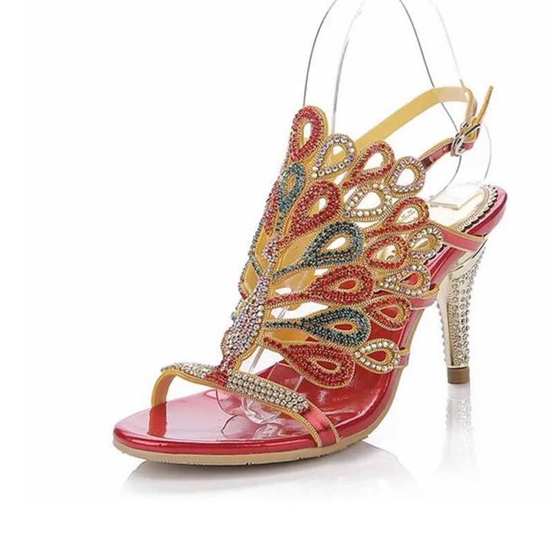 Дамски сандали, мода 2018 година, ярки разноцветни кристални паунов обувки с дебел/тънък висок ток с кристали, дамски обувки, летни вечерни сватбени обувки-лодка