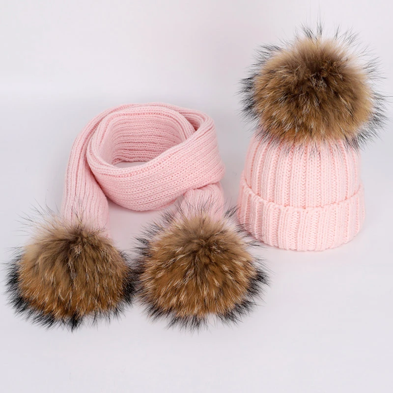 Детска зимна шапка от 2 теми, шапки за момичета, детски капачка на Капака Enfant, зимна шапка за момичета с кожа помпоном, детски шал