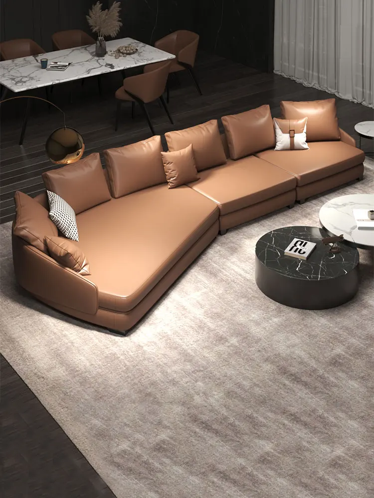 Дизайнерски дугообразный кожен диван оранжево светъл луксозен луксозен минималистичен модерен ъглов кожен диван със специална форма за хол