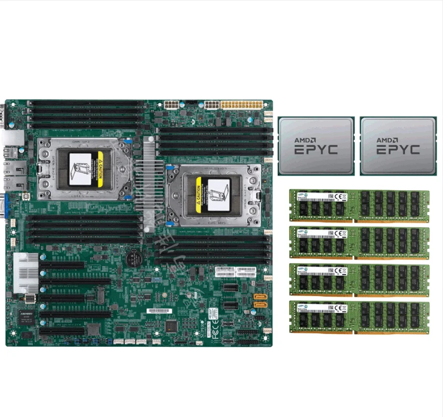 Дънна платка Supermicro H11DSi-NT, 2x процесор AMD EPYC 7542, до 3,4 Ghz + 4x оперативна памет Samsung 32gb 2666 Mhz DDR4