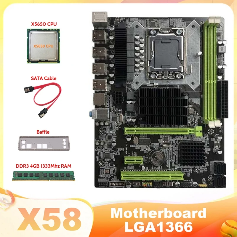 Дънна платка X58 LGA1366 дънна Платка на компютъра Поддържа графични карти RX с процесор X5650 + 4 GB DDR3 оперативна памет на 1333 Mhz + кабел SATA