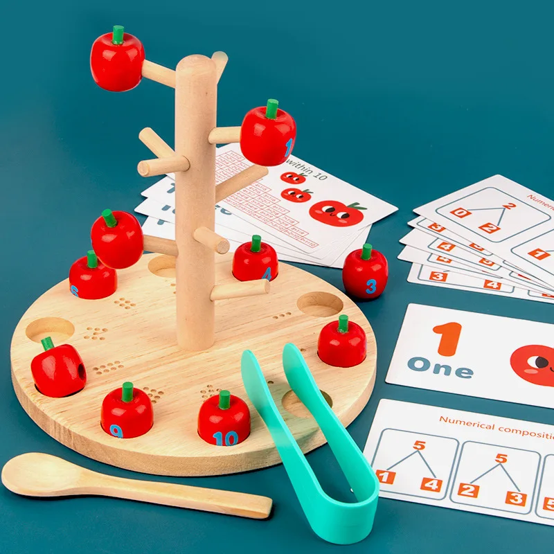 Дървени Математически Играчки Монтесори Забавен Събиране на Ябълки Събиране и Изваждане на Познавателни Игри Детски Подарък-Ранните Образователни Играчки