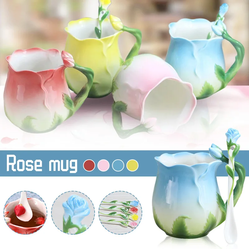 Европейският Пасторальный Стил Эмалированная Керамични Кафеена Чаша Креативна 3D Роза във Формата На Цвете Чаени Чаши За Закуска Чаша За Вода И Мляко С Лъжица