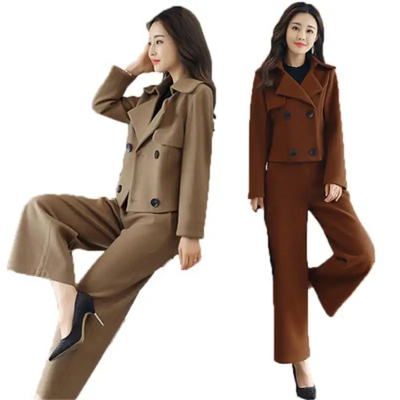 Есенно - зимни нова мода двубортная вълна яке с къс ръкав, индивидуалност, широки панталони, утолщающий женски комплект