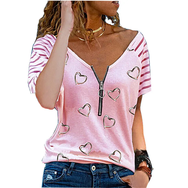 Женска тениска с Къс ръкав и принтом на Сърцето, 2022, Нови Летни Свободни Ежедневни Тениски, Модерен Секси Дамски Ризи с Цип с Дълбоко V-образно деколте