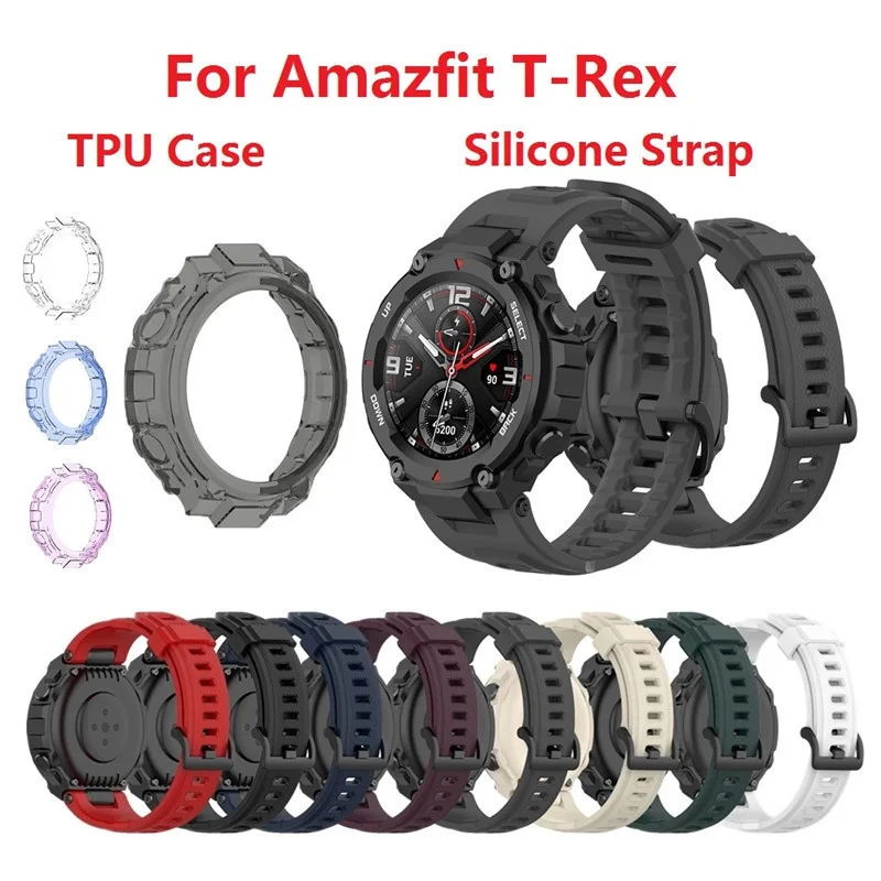 За Amazfit T-Rex Мек Силиконов Каишка за часовник и Прозрачен Калъф от TPU със Защита от надраскване за Amazfit T-Rex Smartwatch Взаимозаменяеми Каишка