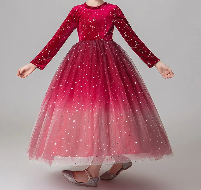Звездното сетчатое рокля за Модерни момичета рокля на принцеса Училище рокля за изпълнения