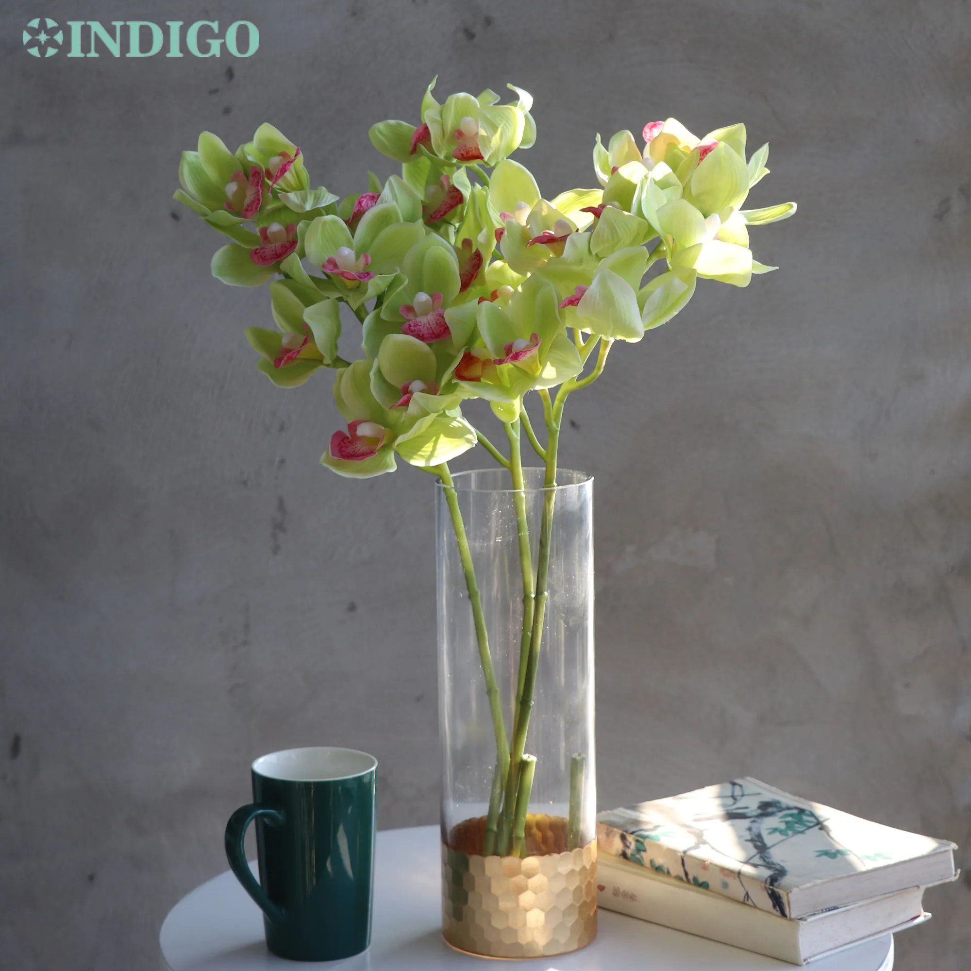 Зелена Орхидея Цимбидиум 9 Цвята/Стъбло Момента на Докосване на Изкуствени Цветя за Сватба Парти Фалшива Украса на Масата - 