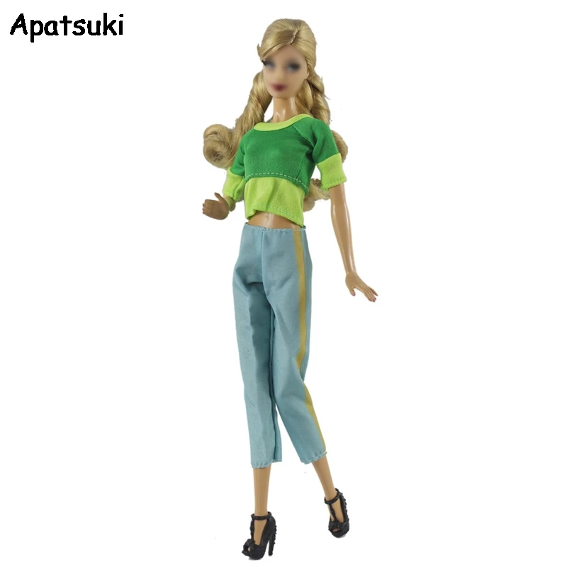 Зелено, Синьо, Модерен Комплект дрехи за кукли в стил мозайка за Барби Кукли, Аксесоари, Топ, Риза и Панталони за 11,5 