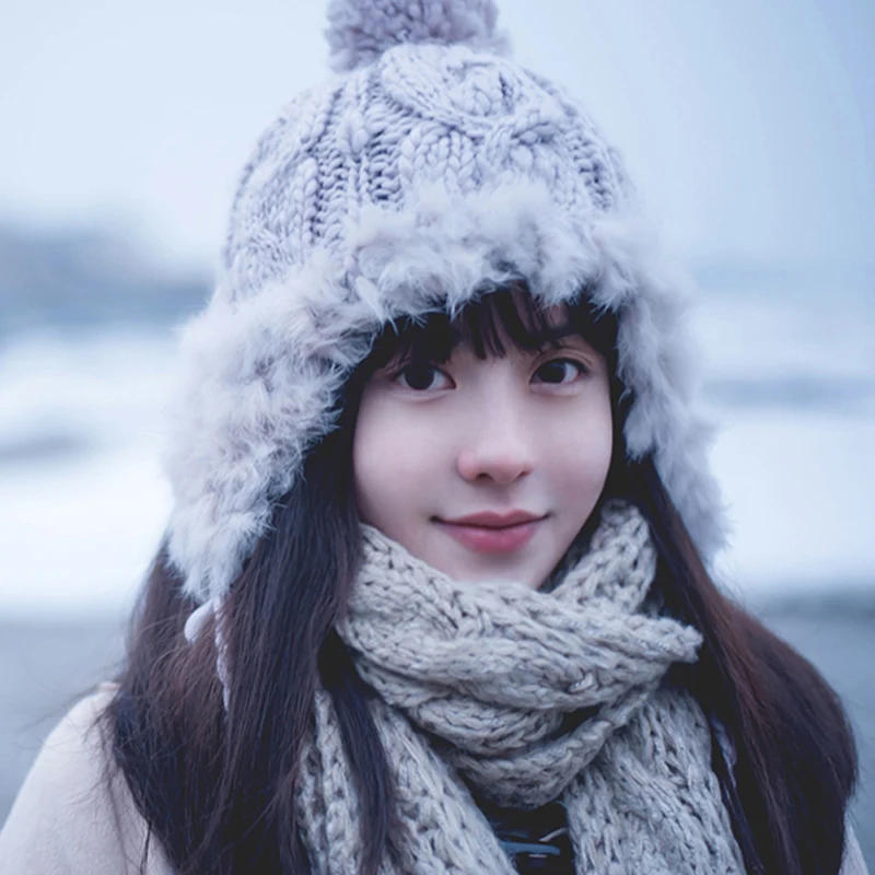 Зимна дамска шапка, прежда, термална вязаная шапка с уши на заек кожа, есенно-зимна дамска шапка, зимно задебеляване
