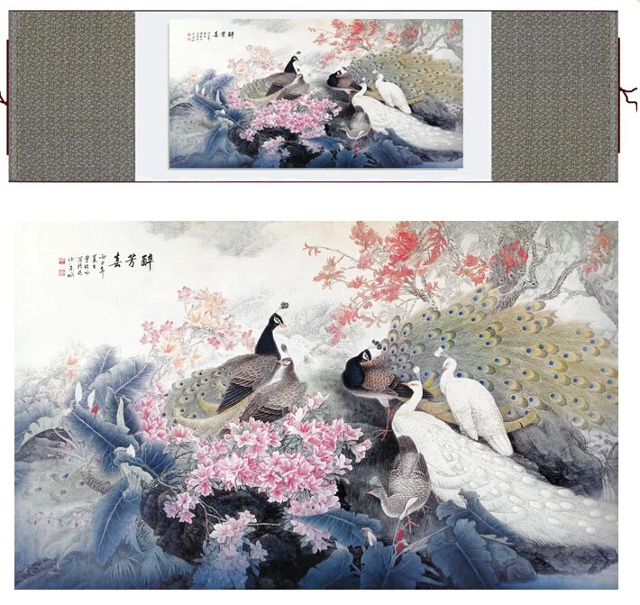 Китайската традиционна художествена живопис птиците във водата копринен свитък живопис паун живопис печатна живопис