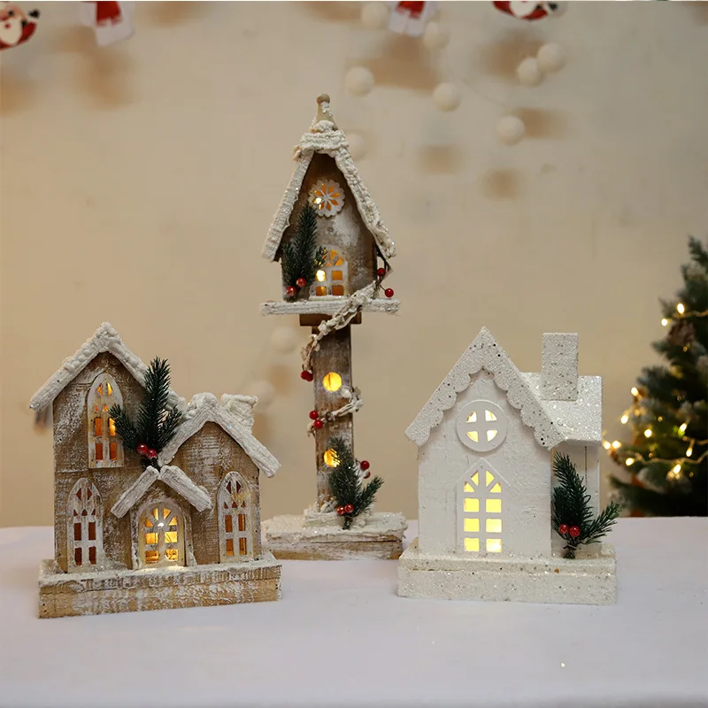 Коледна Украса на Къща с Подсветка Дървена Къща Снежна Уличен Фенер Къща на Къща Вечерни Начало Декор Оформление на Сцената Коледни Подаръци