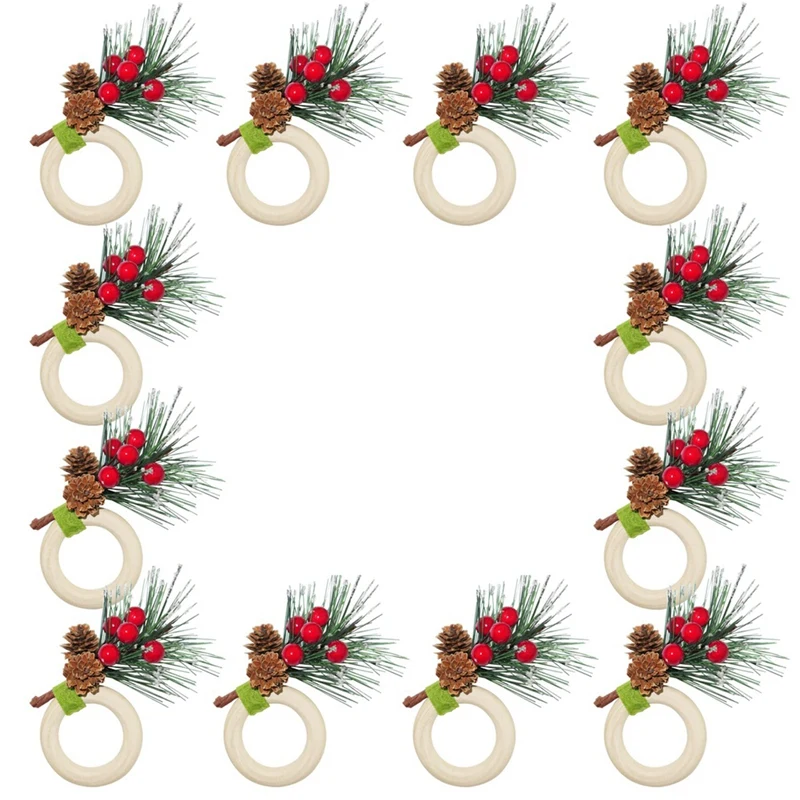 Коледни пръстени за салфетки от борови шишарки, набор от 12 пръстени, плодове и борови иглички със сняг, поставки за салфетки Xmax за Бижута