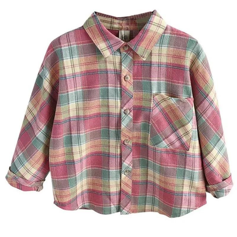 Корейски дрехи, Колекция 2019 г., Есенни Блузи за момичета, Детски памучни Ризи в розово клетка с дълги ръкави за момичета от 2 до 8 години, Модерен риза за малки момичета