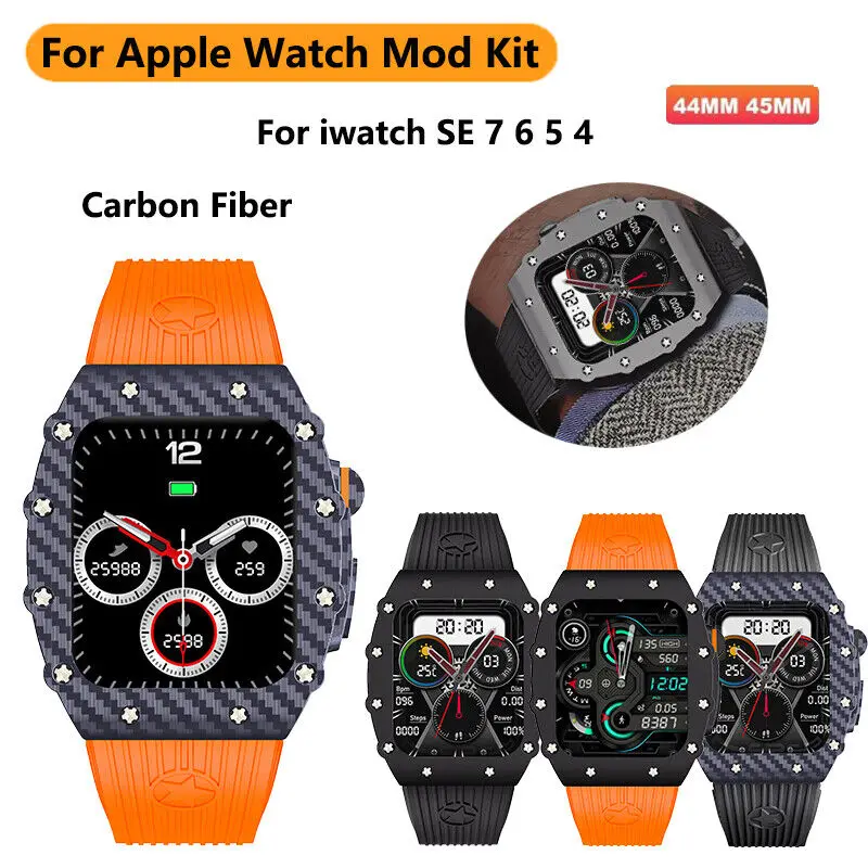 Корпус от неръждаема стомана + Гумен Силикон Каишка За Apple Watch 44 мм 45 мм министерството на отбраната Kit Калъф, изработени от въглеродни влакна За Apple Watch 8 7 6 5 4 2 SE