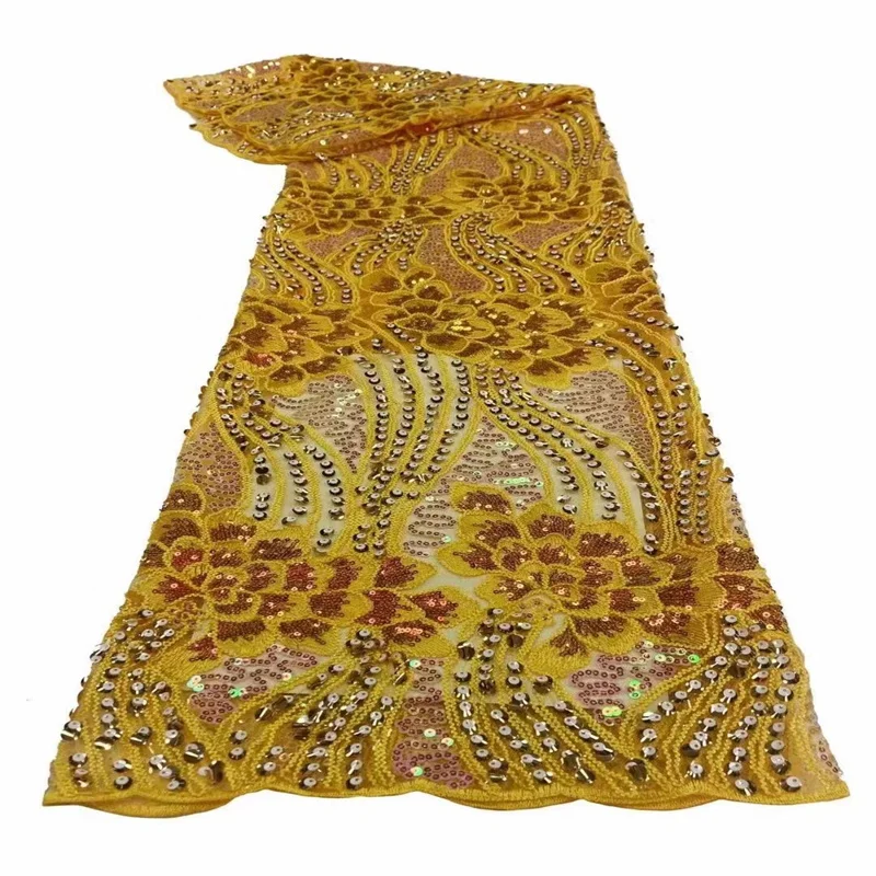 Кралското Синьо Африканска Лейси Плат 2023 Жълта Висококачествена Дантела Материал На Нигерийски Френски Завързана Материал С Пайети За Сватбена Рокля