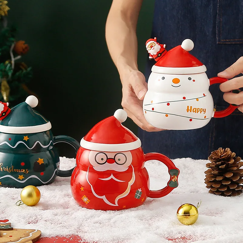 Креативна коледна керамична чаша с капак, лъжица, чаша с голям капацитет, чашата за кафе, cartoony подарък на Дядо Коледа, подарък за чаши вода