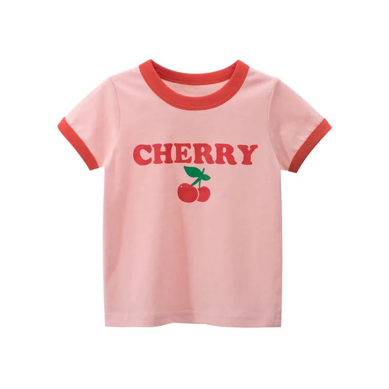Лятна Детска Тениска за момичета от 3 до 7 години, Памучен Тениска с Къси Ръкави и Принтом Череши, Детски Сладки Розови Потници, Облекло