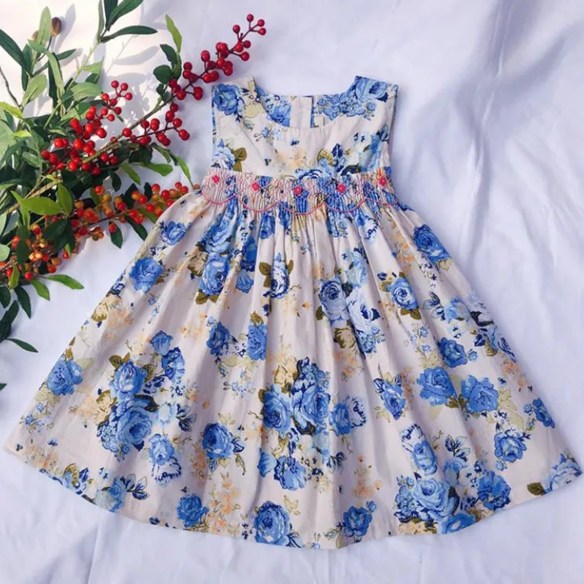 Лятото винтажное принцеса рокля ръчна изработка за малки момичета, детско памучно рокля трапецовидна форма, без ръкави с цветен принтом