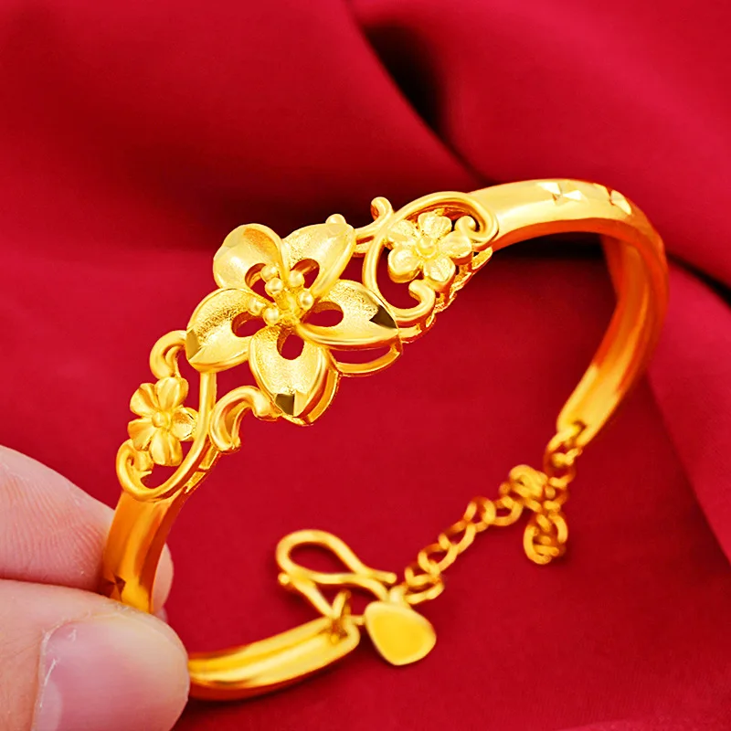 Маншет-Маншета Жена С Цветя Модел Дизайн Жълто Злато Напълнена Обручальный Сватбена Гривна Гривна Подарък