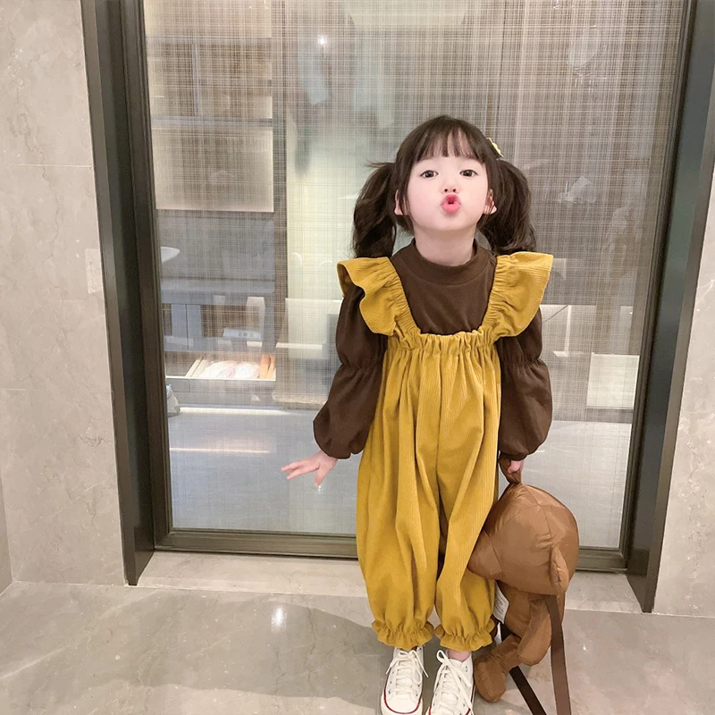 Модерен комплект за момичета, Есента Рокля 2021 година, Ново Корейското Издание, Удобни Детски Панталони с ръкави-мехурчета и Каишка