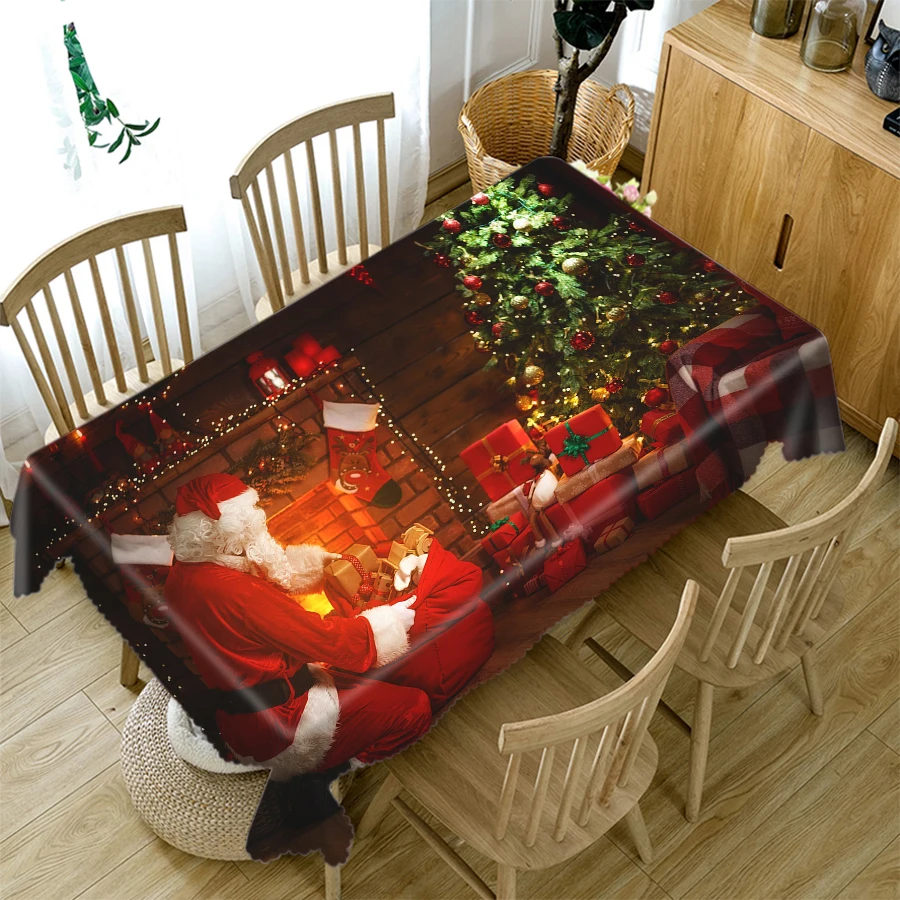 Модерна 3d Коледна Покривка с Дядо Коледа и Подаръци, Кръгла, Правоъгълна Покривка за маса, Утолщенное Памучно Кърпа