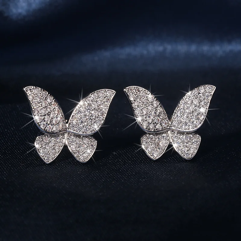 Модни Сладки Обеци-Пеперуди Сребрист Цвят за Жени, Елегантни Обеци-Карамфил с Кристали, Цирконий, Корейски, Модни Бижута