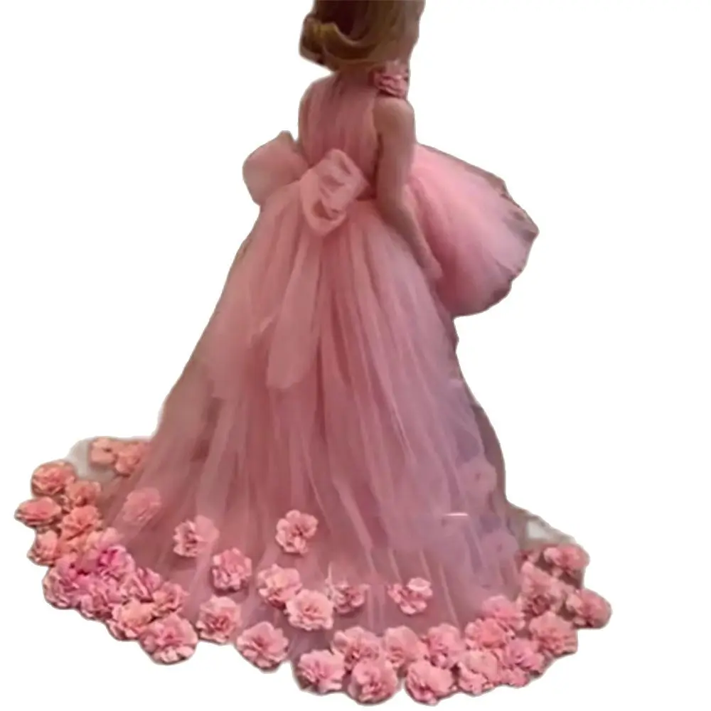 НОВИ Розови Рокли с цветя модел за Момичета на Сватба, Фатиновое Бална рокля с отворен гръб с дължина до пода, бебешка Рокля на Шаферка за Момичета