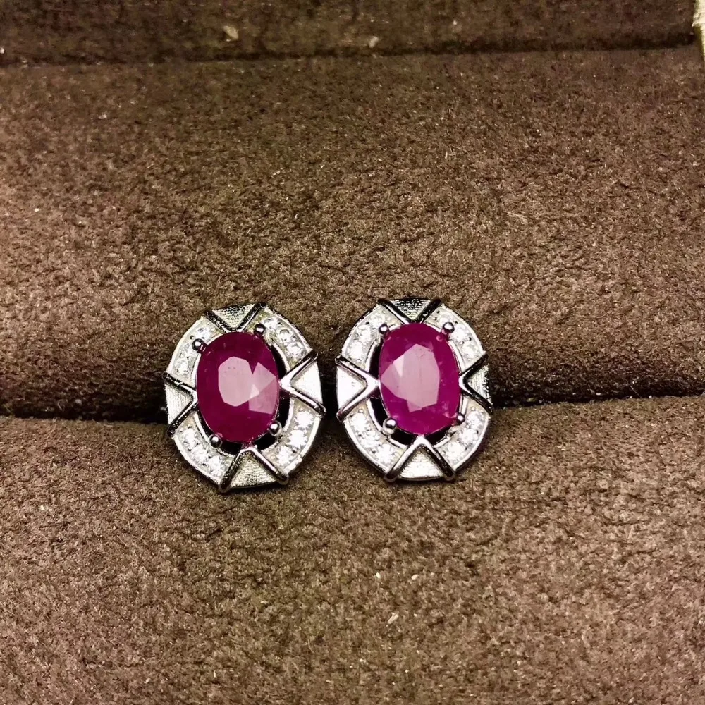 Натурален рубин обеци-розово Безплатна доставка Оригиналът на истински рубин 925 сребро 5*7 мм * 2 бр. скъпоценен камък За мъже или жени