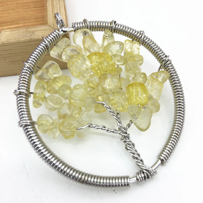 Нежни ръчно изработени 50 мм, жълт кристал с неправилна форма чакъл кръгла висулка сребрист цвят здраве happy energy дамски бижута B3056