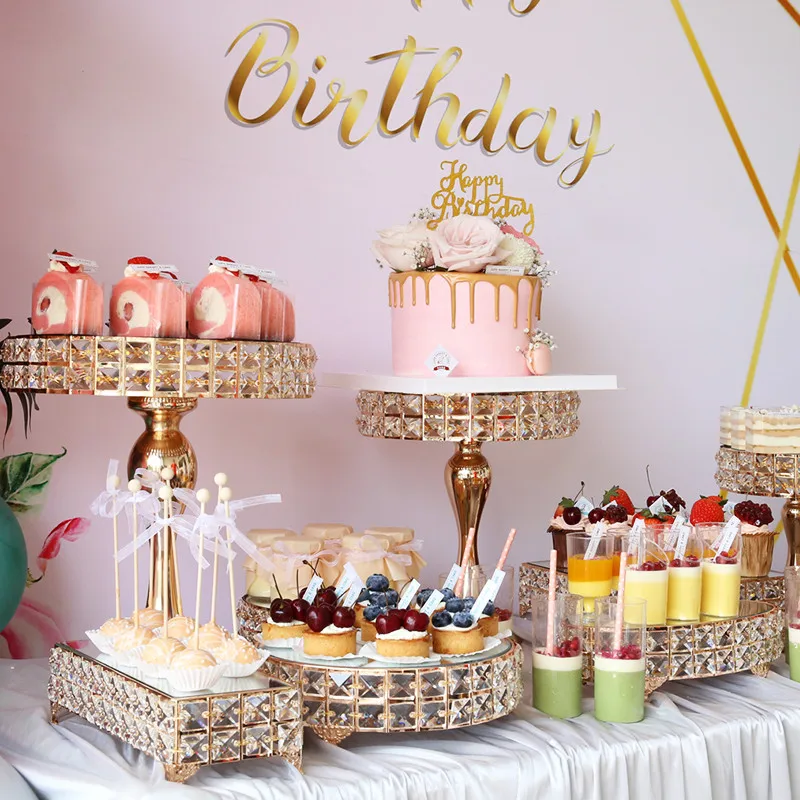 Нова златна кристална набор от каботажните за торта, Галванични златното огледало, маса за сватбени партита, моноблок, инструменти за декорация на масата