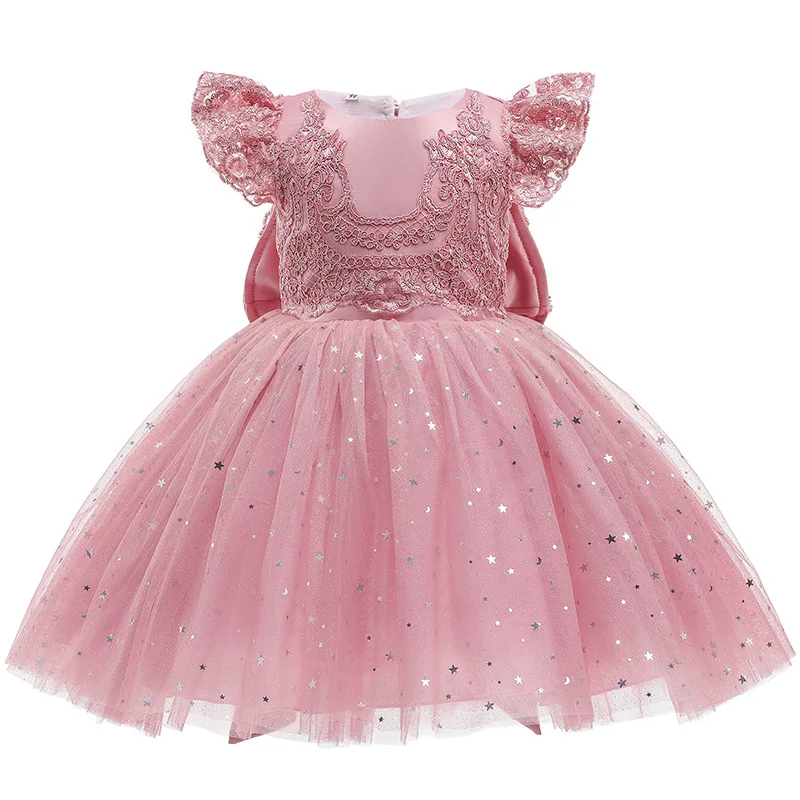 Нова празнична рокля на първия рожден ден на малките момичета, рокля на принцеса с летящими ръкави и отворена на гърба, дантелено рокля с лък от 0 до 6 години за деца'