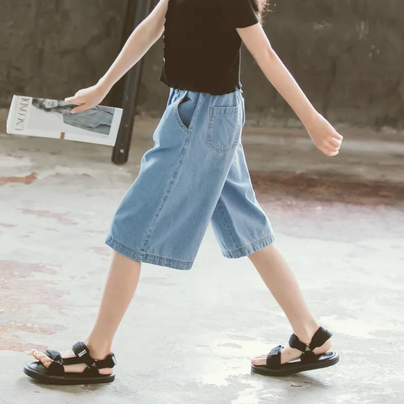 Нови Модни Широки Дънки за големи момичета 2020, Лятна Детски Дрехи, Дънкови Панталони за Момичета, Ежедневни Памучни Дънки за корейски момичета, #0808