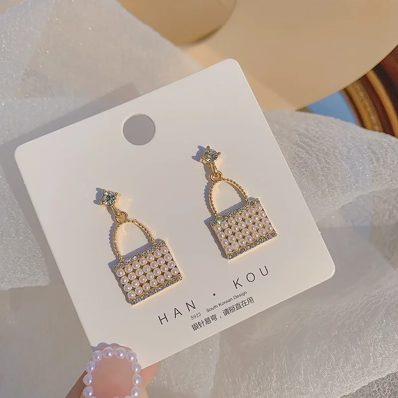 Обеци-чанта с перли, лесен луксозен комплект обеци с диаманти, женски темперамент, интернет-знаменитост, дамски елегантни универсални обеци