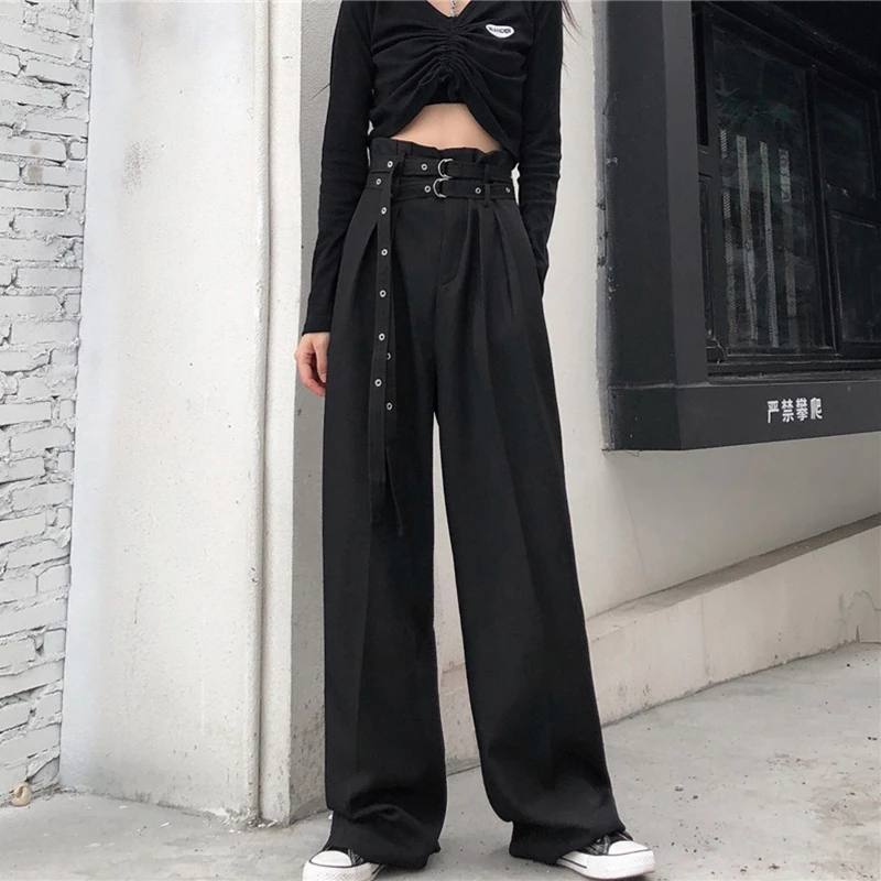 Панталони дамски летни корейски ретро черни ежедневни панталони с висока талия преки свободни панталони, костюми, панталони, панталони Джобове
