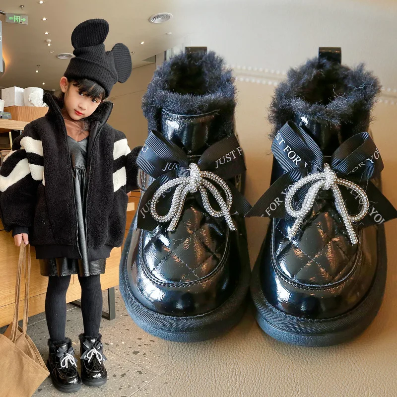 Плюшени модни ботильоны с Кристали за момичета, детски обувки, Зимни Зимни обувки, маратонки, детски водоустойчив обувки 2022 г., от 3 до 12 години