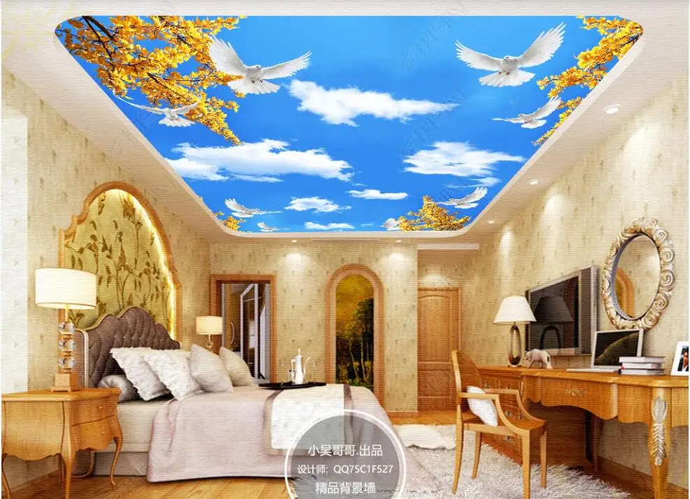 Потребителски снимки на 3d тапети великолепна фреска, Синьо небе, бели облаци, клон гълъб декор на 3d стенописи тапети в хола