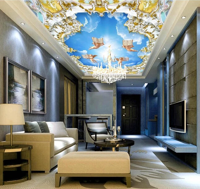 Потребителски таван тапети, Европейски стил Ангел стенописи за хола спалня на тавана на стената водоустойчив papel de parede